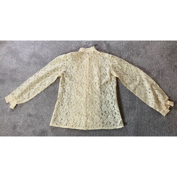 Vintage Ivory Lace Long Sleeve Blouse High Ruffled Neck Pleated Front - Picture 3 of 8